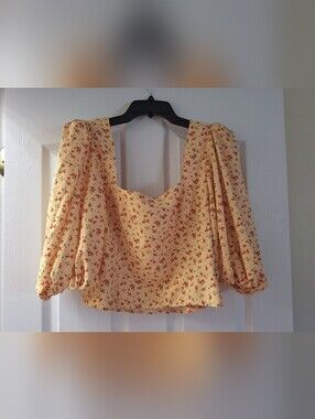 Yellow Floral Square-Neck Puff Sleeve Blouse